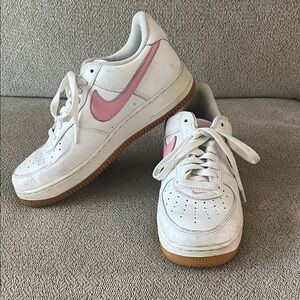 Air Force 1 Nike White Sneakers with Pink Swoosh- Anniversary Edition